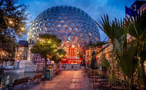 The French themed area at Europa-Park, bathed in atmospheric evening lighting.