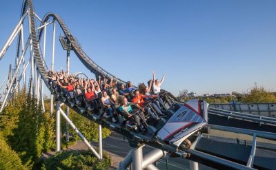 A fully loaded carriage on the Silver Star rollercoaster at Europa-Park during the ride.