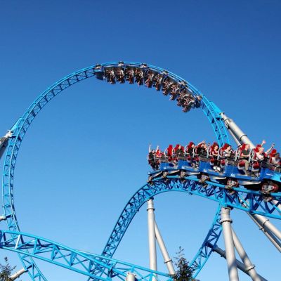 The blue fire Megacoaster catapult rollercoaster.